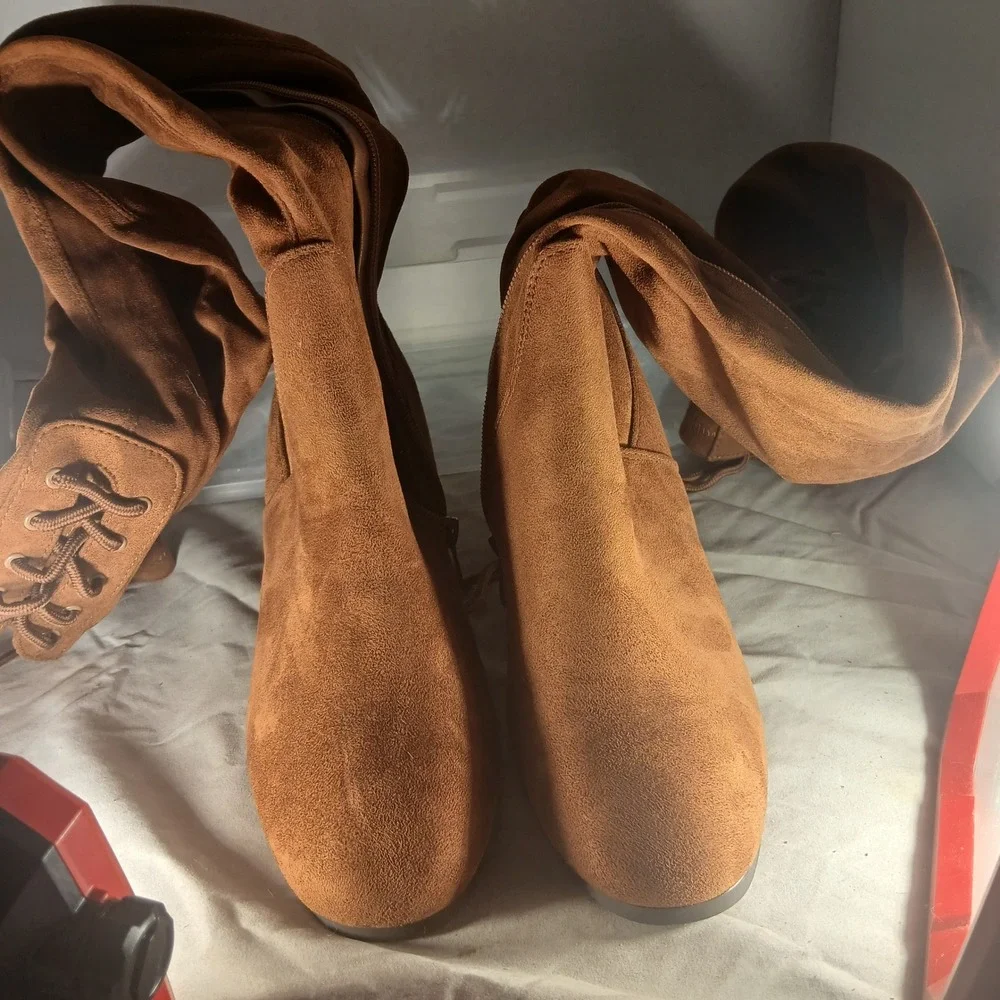 Dream Pairs Over The Knee Boots 9 Tan Brown Faux‎ Suede Block Heel Boho Chic